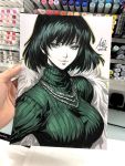  1girl black_hair dress fubuki_(one-punch_man) fur_coat green_dress highres one-punch_man photo short_hair solo stanley_lau upper_body 