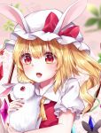  1girl animal animal_ears ascot blonde_hair blurry_foreground bow collarbone collared_shirt commentary_request eyebrows_visible_through_hair eyes_visible_through_hair fake_animal_ears fang fingernails flandre_scarlet floral_background frilled_shirt_collar frilled_sleeves frills gem gradient_eyes hair_between_eyes hat holding holding_animal leaf light_blush long_fingernails looking_at_viewer mob_cap multicolored multicolored_eyes nail_polish open_mouth pink_background puffy_short_sleeves puffy_sleeves rabbit rabbit_ears red_bow red_eyes red_nails red_vest shirt short_sleeves side_ponytail solo tareme tongue tongue_out touhou upper_body vest white_hat wings yellow_neckwear yuria_(kittyluv) 