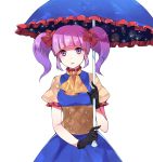  1girl bangs black_gloves blue_dress blunt_bangs bow bustier dress gloves hair_bow holding looking_at_viewer original parted_lips peachpii puffy_short_sleeves puffy_sleeves purple_hair red_bow short_hair short_sleeves solo transparent_background twintails umbrella upper_body violet_eyes 