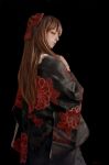  1girl bangs black_background black_kimono bow brown_eyes brown_hair cowboy_shot expressionless floral_print from_behind hair_bow hand_on_own_chest highres imai_takahiro japanese_clothes kimono long_hair looking_back oil_painting_(medium) original solo traditional_media 
