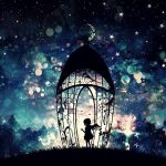  1girl bird commentary_request crescent_moon dress fantasy forest grass harada_miyuki highres hll moon nature night night_sky original silhouette sky solo standing star_(sky) starry_sky tree wings 