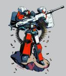  1boy 80s artist_request autobot blue_eyes cannon full_body glowing glowing_eyes grey_background gun handgun holding holding_gun holding_weapon looking_at_viewer no_humans oldschool perceptor pistol rifle simple_background sniper_rifle solo transformers uniform weapon 