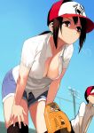  1girl baseball_cap baseball_glove breasts brown_eyes cleavage gen_(black_factory) hat highres leaning_forward open_clothes open_shirt original ponytail shorts sweat thigh-highs 