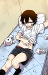  1boy bags_under_eyes bandage bandage_on_face black_hair black_legwear commentary_request drooling highres lee_hoon male_focus mattress on_bed parkgee pillow saliva shorts sleeping socks solo suicide_boy toilet_paper 
