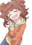  1girl :d absurdres bag blush brown_hair closed_eyes copyright_request facing_viewer hair_intakes hand_up handbag head_tilt highres hood hood_down hoodie idolmaster long_sleeves open_mouth pants short_hair simple_background smile solo takatsuki_yayoi twintails v white_background yamamoto_souichirou 