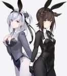  2girls alternate_costume animal_ears black_bodysuit blue_eyes bodysuit bright_pupils brown_eyes brown_hair bunny_girl bunny_tail bunnysuit coattails contrapposto cowboy_shot dated detached_collar expressionless fake_animal_ears grey_background hair_flaps hairband hatsuzuki_(kantai_collection) kantai_collection leotard long_hair long_sleeves looking_at_viewer multiple_girls necktie one_side_up pantyhose rabbit_ears rokuwata_tomoe short_hair sidelocks silver_hair simple_background solo suzutsuki_(kantai_collection) tail white_legwear 