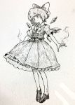  1girl bangs blush bow bowtie cirno closed_mouth full_body hair_bow highres ice ice_wings loafers mashimashi monochrome pleated_skirt shoes short_hair short_sleeves skirt smile solo standing touhou traditional_media wings 