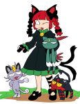  1girl :3 alola_form alolan_meowth animal_ears black_bow black_footwear bow cat_ears cat_paws crossover fang furukawa_(yomawari) gen_2_pokemon gen_7_pokemon grass hair_bow hand_on_hip holding juliet_sleeves litten long_sleeves looking_at_another no_nose one_eye_closed open_mouth paws pokemon pokemon_(creature) puffy_sleeves sneasel standing touhou white_background 