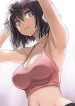  1girl armpits arms_up bare_arms bare_shoulders black_hair breasts cleavage drying drying_hair dutch_angle hair_between_eyes image_sample lips medium_breasts midriff navel original short_hair simple_background smile solo strap_gap sweat tank_top tea_(nakenashi) towel twitter_sample upper_body violet_eyes water 