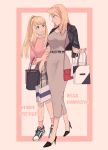  2girls bag blonde_hair commentary_request fullmetal_alchemist handbag height_difference high_heels highres holding_arm multiple_girls ozaki_(tsukiko3) riza_hawkeye shoes shopping_bag sneakers winry_rockbell 