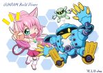  animal_ears artist_request chibi floating green_eyes gundam gundam_build_divers long_hair mecha momokapool one_eye_closed open_mouth pink_hair ponytail skirt sleeveless smile tail v yashiro_momoka 