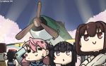  3girls ahoge aircraft airplane akashi_(kantai_collection) black_hair black_sailor_collar blue_sailor_collar brown_eyes brown_hair closed_eyes commentary_request crossed_arms dirty_clothes e16a_zuiun hachimaki hair_flaps hair_ribbon hamu_koutarou hatsuzuki_(kantai_collection) headband highres hyuuga_(kantai_collection) inset japanese_clothes kantai_collection long_hair long_sleeves multiple_girls nontraditional_miko pink_hair ribbon sailor_collar short_hair smile tress_ribbon undershirt upper_body 