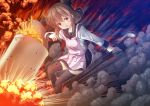  1girl anchor_symbol apron black_legwear brown_eyes brown_hair explosion folded_ponytail holding holding_spoon inazuma_(kantai_collection) kantai_collection long_sleeves open_mouth pleated_skirt pot school_uniform serafuku skirt solo spoon standing thigh-highs yatsu_seisakusho 