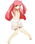 1girl ;) barefoot blush from_above full_body log_horizon long_hair naked_towel official_art one_eye_closed parted_lips pink_hair sitting smile solo tetra towel towel_tug transparent_background very_long_hair white_towel 