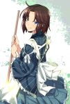  1girl ahoge blue_eyes brown_hair closed_mouth commentary_request dress eyebrows_visible_through_hair frilled_dress frills holding holding_stick kara_no_kyoukai leaf looking_at_viewer maid merufena ryougi_shiki short_hair smile solo striped tree vertical_stripes 