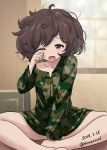  1girl absurdres akiyama_yukari arm_support bangs brown_eyes brown_hair camouflage_shirt commentary_request dated excel_(shena) eyebrows_visible_through_hair girls_und_panzer green_shirt highres indian_style indoors long_sleeves looking_at_viewer messy_hair one_eye_closed open_mouth pajamas rubbing_eyes shirt short_hair sitting sleepy solo twitter_username yawning 