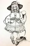  1girl bangs bow eyebrows_visible_through_hair full_body hat hat_bow highres komeiji_koishi loafers looking_at_viewer mashimashi monochrome open_mouth shoes skirt sleeves_past_fingers socks solo standing third_eye touhou traditional_media 