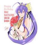  1girl anemone_(flower) antenna_hair arm_up backless_outfit bangs bare_shoulders birthday blazblue blazblue:_central_fiction blazblue_variable_heart blue_hair blush bouquet bow breasts character_name closed_mouth collarbone dated english eyebrows_visible_through_hair flower genderswap genderswap_(mtf) gift hair_between_eyes hair_bow hair_ribbon half-closed_eyes halter_top halterneck happy_birthday holding holding_bouquet holding_flower holding_to_chest large_breasts long_hair looking_at_viewer mai_natsume no_bra ponytail red_flower revealing_clothes ribbon sideboob sidelocks simple_background smile solo sumeshi_(ambivalince) upper_body very_long_hair violet_eyes white_background yellow_bow 