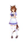  1girl agnes_tachyon ahoge animal_ears brown_hair chin_stroking full_body hair_between_eyes highres horse_ears horse_tail looking_at_viewer official_art red_eyes short_hair smile solo tail transparent_background umamusume 