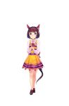  1girl :d animal_ears bangs black_hair blunt_bangs bob_cut dress fingers_together full_body hairband highres horse_ears horse_tail looking_at_viewer nishino_flower official_art open_mouth pink_hairband short_hair smile solo tail transparent_background umamusume violet_eyes yellow_dress 