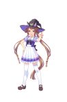  1girl animal_ears bangs black_hat braid brown_hair ears_through_headwear full_body hand_on_hip hat highres horse_ears horse_tail long_hair looking_at_viewer official_art pointing solo sweep_tosho tail transparent_background umamusume very_long_hair violet_eyes witch_hat 