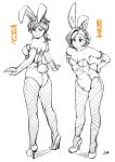  2girls animal_ears blush breasts bunny_tail bunnysuit carina_(xiaowoo) character_request cleavage copyright_request elbow_gloves fishnet_legwear fishnets gloves high_heels kishi_mieko large_breasts leaning medium_breasts multiple_girls rabbit_ears saionji_makoto_(carina) short_hair sketch tail translated white_background 