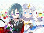  2boys akemaru aqua_eyes black_choker black_dress cape choker chris_(tensei_shitara_party_ga_otokonoko_darake_datta_kedo_danjite_ore_wa_shotacon_janai) collared_dress cross dress flower food fruit grey_hair habit hair_between_eyes hair_ribbon homes_(tensei_shitara_party_ga_otokonoko_darake_datta_kedo_danjite_ore_wa_shotacon_janai) inverted_cross long_hair long_sleeves low-tied_long_hair male_focus multiple_boys necktie red_cape ribbon sidelocks staff star strawberry tensei_shitara_party_ga_otokonoko_darake_datta_kedo_danjite_ore_wa_shotacon_janai trap violet_eyes white_background white_dress white_hair white_neckwear white_ribbon 