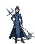  1girl black_eyes black_footwear black_gloves black_hair blue_dress boots dress fingerless_gloves full_body gloves hair_between_eyes hand_on_hip hat holding holding_weapon log_horizon looking_at_viewer mini_hat official_art round_table_concil_uniform scythe short_dress short_hair_with_long_locks sidelocks solo standing takayama_misa thigh-highs thigh_boots transparent_background uniform weapon 