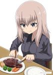  1girl :t bangs blue_eyes broccoli carrot chair closed_mouth commentary dress_shirt eating eyebrows_visible_through_hair food fork girls_und_panzer grey_shirt holding itsumi_erika knife kuromorimine_school_uniform long_hair long_sleeves plate potato rice school_uniform shibagami shirt silver_hair simple_background sitting solo steak table twitter_username white_background 