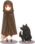  1girl ayakura_juu black_pants brown_cape brown_footwear brown_hair cape dog enekk full_body holo hood hooded long_hair lowres novel_illustration official_art pants red_eyes shoes simple_background solo spice_and_wolf standing tail white_background wolf_tail 