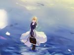  1girl bangs blonde_hair blue_eyes blue_jacket braid briefcase brooch clouds dress gloves hair_between_eyes hair_intakes hair_ribbon highres holding_briefcase hoshino_arika jacket jewelry long_sleeves red_ribbon ribbon sky solo suitcase violet_evergarden violet_evergarden_(character) walking walking_on_liquid water 