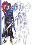  1boy ashton_anchors azuma_mayumi black_footwear black_gloves blue_cape boots brown_hair cape closed_mouth dragon fingerless_gloves full_body gloves green_eyes headband holding holding_sword holding_weapon looking_at_viewer robe scan sketch smile standing star_ocean star_ocean_the_second_story sword thigh-highs thigh_boots weapon 