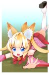  1girl :3 :d animal_ears bangs bare_shoulders bell black_footwear blue_eyes bow commentary_request detached_sleeves eyebrows_visible_through_hair fangs fox_ears fox_girl fox_tail hair_ornament hairclip highres jingle_bell kemomimi_vr_channel legs_up long_hair long_sleeves looking_at_viewer lying mikoko_(kemomimi_vr_channel) on_stomach open_mouth outstretched_arms pleated_skirt red_bow red_skirt sidelocks skirt smile solo tail takara_akihito thigh-highs twintails virtual_youtuber white_legwear wide_sleeves zouri 