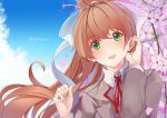  1girl adjusting_hair bangs blazer blue_sky bow brown_hair cherry_blossoms clouds collared_shirt commentary day doki_doki_literature_club eyebrows_visible_through_hair green_eyes grey_jacket hair_bow hands_up highres jacket long_hair long_sleeves looking_at_viewer monika_(doki_doki_literature_club) neck_ribbon outdoors parted_lips petals ponytail red_neckwear red_ribbon ribbon school_uniform shirt sidelocks sky solo tareme teeth tree upper_body very_long_hair vest white_bow white_shirt wind wing_collar xhunzei 