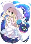  1girl blonde_hair braid cosmog dress gen_7_pokemon green_eyes hat highres lillie_(pokemon) long_hair nazonazo_(nazonazot) open_mouth pokemon pokemon_(creature) pokemon_(game) pokemon_sm sleeveless sleeveless_dress star_(sky) sun_hat twin_braids white_dress white_hat 