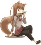  animal_ears ayakura_juu black_pants blush brown_footwear brown_hair eating eyebrows_visible_through_hair fish food full_body grey_shirt holding holding_food holo long_hair looking_at_viewer lowres novel_illustration official_art pants red_eyes shadow shirt shoes simple_background sitting solo spice_and_wolf steam tail very_long_hair white_background wolf_ears wolf_tail 