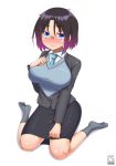  1girl artist_request black_hair blue_eyes blush breasts elma_(maidragon) glasses gradient_hair highres kobayashi-san_chi_no_maidragon large_breasts looking_at_viewer multicolored_hair necktie short_hair simple_background solo sweater white_background 