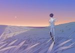  androgynous blue_hair from_behind grass houseki_no_kuni multiple_moons outdoors phosphophyllite phosphophyllite_(ll) scenery see-through short_hair sky solo spoilers sword toooka twilight weapon 