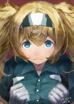  1girl blonde_hair blue_eyes blue_shirt buttons dated eyebrows_visible_through_hair gambier_bay_(kantai_collection) gloves hair_between_eyes hairband kantai_collection long_hair shirt short_sleeves signature solo toka_(marchlizard) twintails white_gloves 