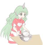  1girl :d bare_arms buttons cloud_print collar collared_shirt commentary_request curly_hair demon_core green_eyes green_hair horn kariyushi_shirt komano_aun long_hair nibi open_mouth red_shirt screwdriver shirt short_sleeves shorts smile solo table touhou white_shorts 