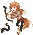  1girl animal_ears anklet ayakura_juu black_pants brown_footwear brown_hair eyebrows_visible_through_hair fish floating_hair full_body grey_shirt holo jewelry long_hair lowres novel_illustration official_art one_leg_raised open_mouth pants red_eyes shirt shoes simple_background solo spice_and_wolf tail white_background wolf_ears wolf_tail 