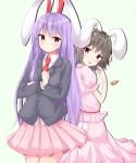  2girls :p animal_ears back-to-back black_hair blouse blue_background blush bunny_tail carrot_necklace clenched_hand cowboy_shot crossed_arms expressionless highres inaba_tewi kuraaken lavender_hair long_hair long_sleeves looking_at_viewer looking_back multiple_girls necktie outline pink_blouse pink_skirt pleated_skirt puffy_short_sleeves puffy_sleeves rabbit_ears red_eyes red_neckwear reisen_udongein_inaba shirt short_sleeves simple_background skirt skirt_set smile standing suit_jacket tail tongue tongue_out touhou untucked_shirt very_long_hair 