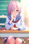  1girl blue_sailor_collar blue_skirt cherry_blossoms commentary_request desk eyebrows_visible_through_hair fate/grand_order fate_(series) feet_out_of_frame glasses hair_over_one_eye haru_(hiyori-kohal) looking_at_viewer mash_kyrielight petals purple_hair red_neckwear sailor_collar school_desk school_uniform serafuku short_hair sitting skirt solo violet_eyes 