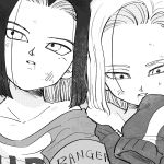  1boy 1girl android_17 android_18 bare_shoulders black_hair brother_and_sister commentary_request dirty dirty_face dragon_ball dragon_ball_super dragonball_z expressionless greyscale highres looking_away looking_down monochrome open_mouth short_hair siblings tkgsize 