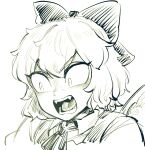  1girl bow cirno constricted_pupils fangs greyscale hair_bow medium_hair monochrome open_mouth portrait sketch solo spacezin surprised touhou v-shaped_eyebrows 