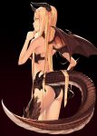  1girl ass bikini black_background black_bikini black_nails blonde_hair breasts cropped_legs dragon_girl dragon_horns dragon_tail dragon_wings fingernails from_behind hand_on_own_chin highres horns kimura_(ykimu) long_hair looking_to_the_side medium_breasts nail_polish original pointy_ears profile red_eyes scales sharp_fingernails simple_background smile solo swimsuit tail very_long_hair wings 