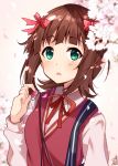  1girl :o amami_haruka bangs blunt_bangs blush bow brown_hair cable cherry_blossoms collared_shirt earphones earphones eyebrows_visible_through_hair flower green_eyes hair_bow hair_ribbon holding holding_earphone idolmaster idolmaster_(classic) long_sleeves neck_ribbon omuretsu open_mouth parted_lips petals pink_flower red_bow red_neckwear red_ribbon red_vest ribbon school_uniform shirt short_hair sidelocks signature solo spring_(season) sweater_vest upper_body vest white_shirt wing_collar 