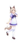  1girl animal_ears bow curren_chan ear_covers ear_ribbon full_body highres horse_ears horse_tail light_brown_hair looking_at_viewer official_art red_ribbon ribbon shorts_hair smile solo standing standing_on_one_leg tail thigh-highs transparent_background umamusume violet_eyes zettai_ryouiki 
