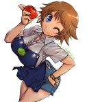  1girl ;) amania_orz apron blue_eyes bracelet breasts brown_hair cleavage collared_shirt dated earrings gundam gundam_build_divers hand_on_hip haro impossible_clothes impossible_shirt jewelry large_breasts looking_at_viewer nanase_nanami_(gundam_build_divers) one_eye_closed shiny shiny_hair shirt short_hair short_sleeves simple_background smile solo tomato twitter_username unbuttoned unbuttoned_shirt watch watch white_background white_shirt 