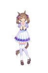  1girl :d animal_ears brown_eyes brown_hair full_body hair_between_eyes highres horse_ears horse_tail looking_at_viewer official_art open_mouth smart_falcon smile solo tail thigh-highs transparent_background twintails umamusume zettai_ryouiki 